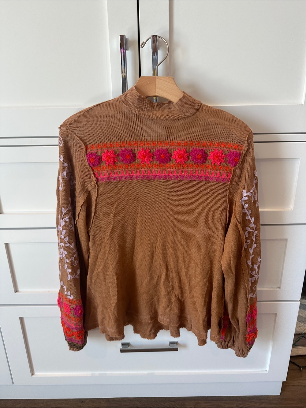Free People “Cherish Me” Knit Top with Pink Embroidered Trim